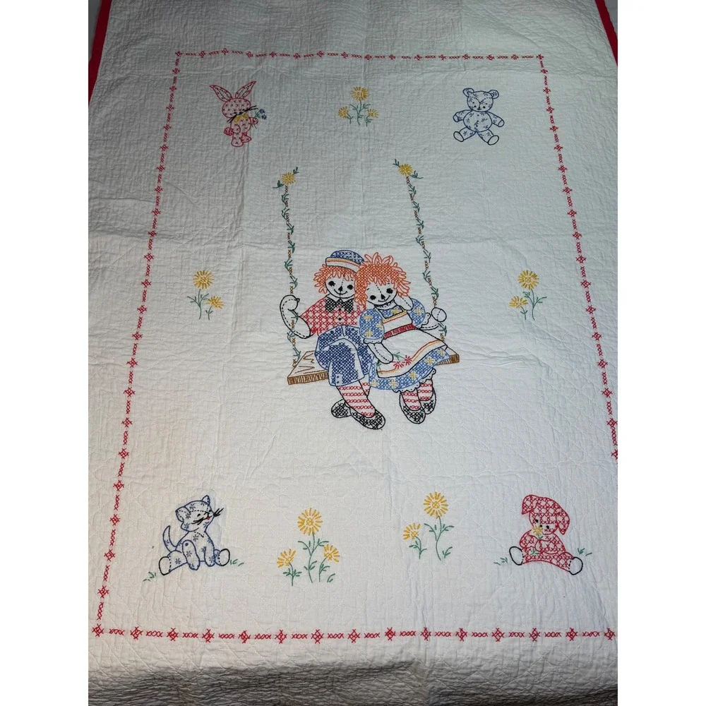 Raggedy Ann Andy Vintage 70's Embroidered Baby Quilt Handmade Nursery 36x56